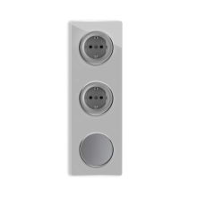 2x Prises de courant avec terre + 1x interrupteur simple allumage avec plaque de finition en verre, 3 postes, verticale - Gris