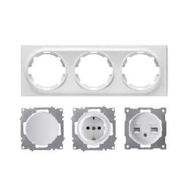 Plaque 3 postes Florence + 1 Prise avec terre + 1 Interrupteur simple + 1 Prise RJ45-"Blanc"