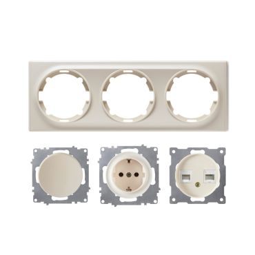Plaque 3 postes Florence + 1 Prise avec terre + 1 Interrupteur simple + 1 Prise RJ45-"Beige"