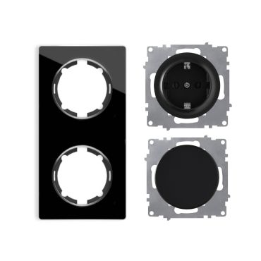 Plaque 2 postes Garda, verticale + 1 Interrupteur simple allumage + 1 Prise avec terre-"Noir"
