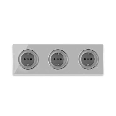 3x Prises de courant avec terre, bornes а vis avec plaque finition en verre, 3 postes, horizontale - Gris