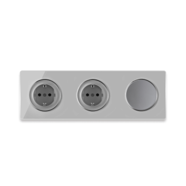 2x Prises de courant avec terre + 1x interrupteur simple allumage avec plaque de finition en verre, 3 postes, horizontale - Gris