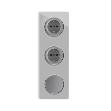 2x Prises de courant avec terre + 1x interrupteur simple allumage avec plaque de finition en verre, 3 postes, verticale - Gris
